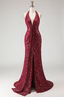 Load image into Gallery viewer, Sparkly Burgundy Mermaid Halter Sequin Long Prom Dress with Slit