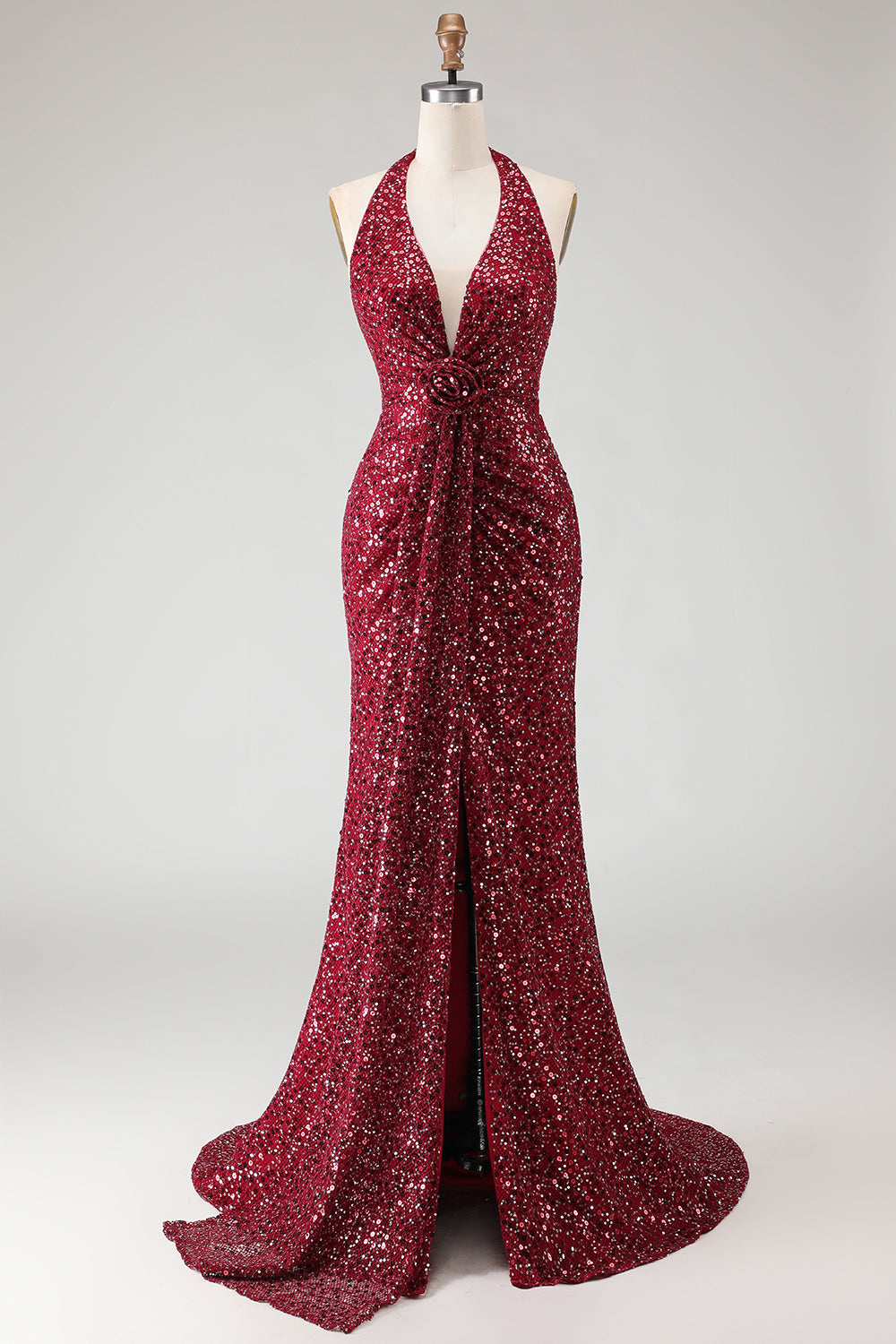 Sparkly Burgundy Mermaid Halter Sequin Long Prom Dress with Slit
