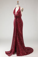 Load image into Gallery viewer, Sparkly Burgundy Mermaid Halter Sequin Long Prom Dress with Slit