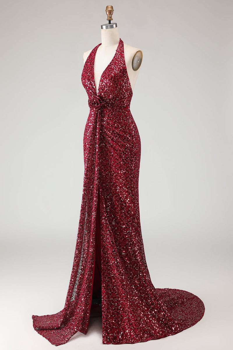 Load image into Gallery viewer, Sparkly Burgundy Mermaid Halter Sequin Long Prom Dress with Slit