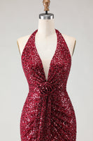 Load image into Gallery viewer, Sparkly Burgundy Mermaid Halter Sequin Long Prom Dress with Slit