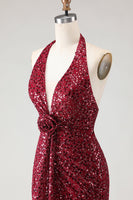 Load image into Gallery viewer, Sparkly Burgundy Mermaid Halter Sequin Long Prom Dress with Slit