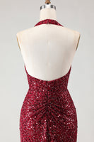 Load image into Gallery viewer, Sparkly Burgundy Mermaid Halter Sequin Long Prom Dress with Slit