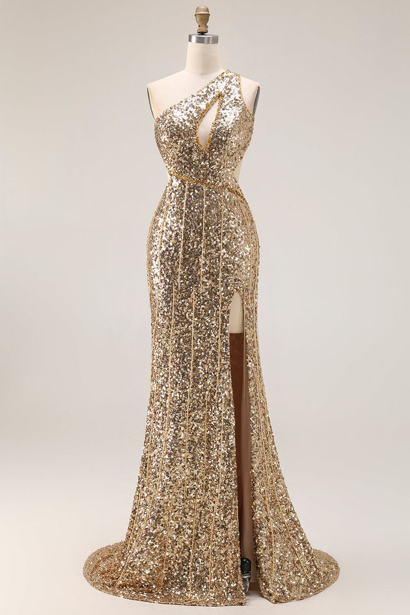 Load image into Gallery viewer, Sparkly Gold One Shoulder Sequin Mermaid Long Prom Dress with Slit