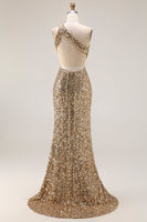 Load image into Gallery viewer, Sparkly Gold One Shoulder Sequin Mermaid Long Prom Dress with Slit