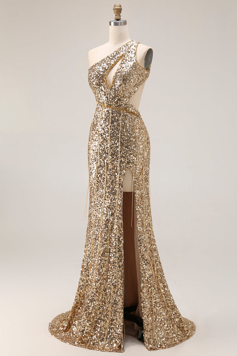 Load image into Gallery viewer, Sparkly Gold One Shoulder Sequin Mermaid Long Prom Dress with Slit