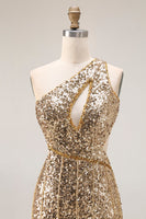 Load image into Gallery viewer, Sparkly Gold One Shoulder Sequin Mermaid Long Prom Dress with Slit
