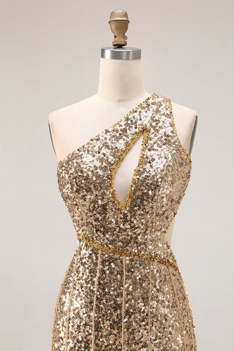 Load image into Gallery viewer, Sparkly Gold One Shoulder Sequin Mermaid Long Prom Dress with Slit