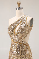 Load image into Gallery viewer, Sparkly Gold One Shoulder Sequin Mermaid Long Prom Dress with Slit