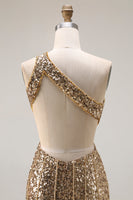 Load image into Gallery viewer, Sparkly Gold One Shoulder Sequin Mermaid Long Prom Dress with Slit