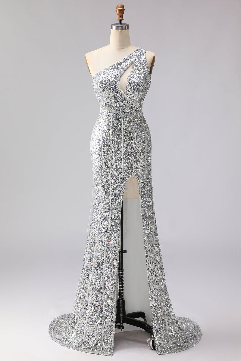 Load image into Gallery viewer, Sparkly Gold One Shoulder Sequin Mermaid Long Prom Dress with Slit