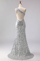 Load image into Gallery viewer, Sparkly Gold One Shoulder Sequin Mermaid Long Prom Dress with Slit