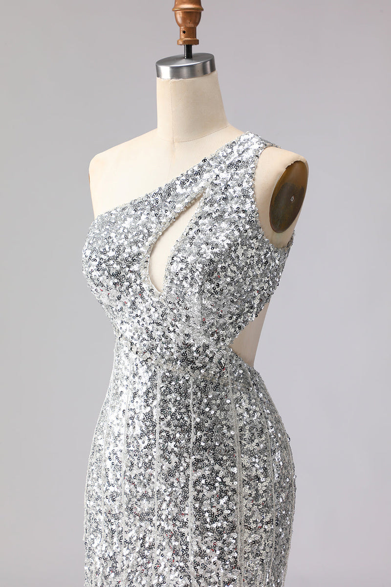 Load image into Gallery viewer, Sparkly Gold One Shoulder Sequin Mermaid Long Prom Dress with Slit