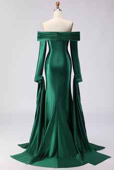 Dark Green Off the Shoulder Mermaid Long Prom Dress with Sleeves