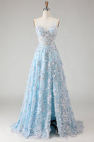 Load image into Gallery viewer, Sparkly Blue A Line Floral Beaded Long Corset Prom Dress with Slit