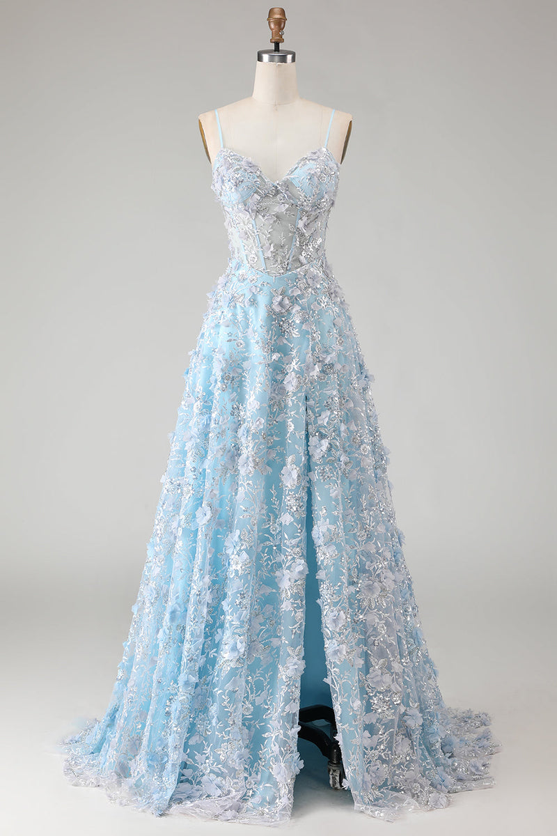 Load image into Gallery viewer, Sparkly Blue A Line Floral Beaded Long Corset Prom Dress with Slit
