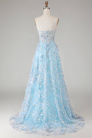 Load image into Gallery viewer, Sparkly Blue A Line Floral Beaded Long Corset Prom Dress with Slit