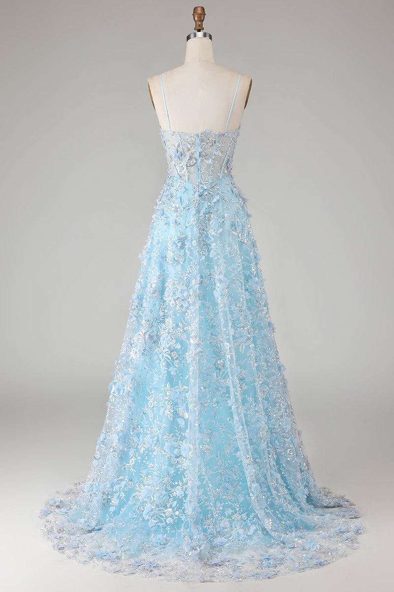Load image into Gallery viewer, Sparkly Blue A Line Floral Beaded Long Corset Prom Dress with Slit