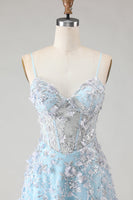 Load image into Gallery viewer, Sparkly Blue A Line Floral Beaded Long Corset Prom Dress with Slit