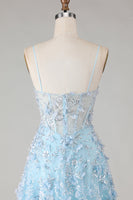 Load image into Gallery viewer, Sparkly Blue A Line Floral Beaded Long Corset Prom Dress with Slit