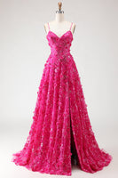 Load image into Gallery viewer, Sparkly Fuchsia A-Line Floral Long Corset Prom Dress with Slit