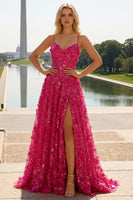Load image into Gallery viewer, Sparkly Fuchsia A-Line Floral Long Corset Prom Dress with Slit
