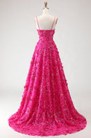Load image into Gallery viewer, Sparkly Fuchsia A-Line Floral Long Corset Prom Dress with Slit