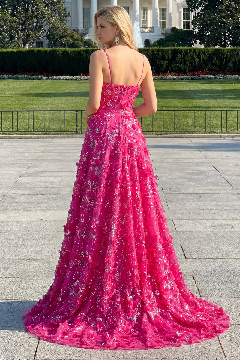 Load image into Gallery viewer, Sparkly Fuchsia A-Line Floral Long Corset Prom Dress with Slit
