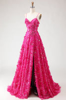 Load image into Gallery viewer, Sparkly Fuchsia A-Line Floral Long Corset Prom Dress with Slit