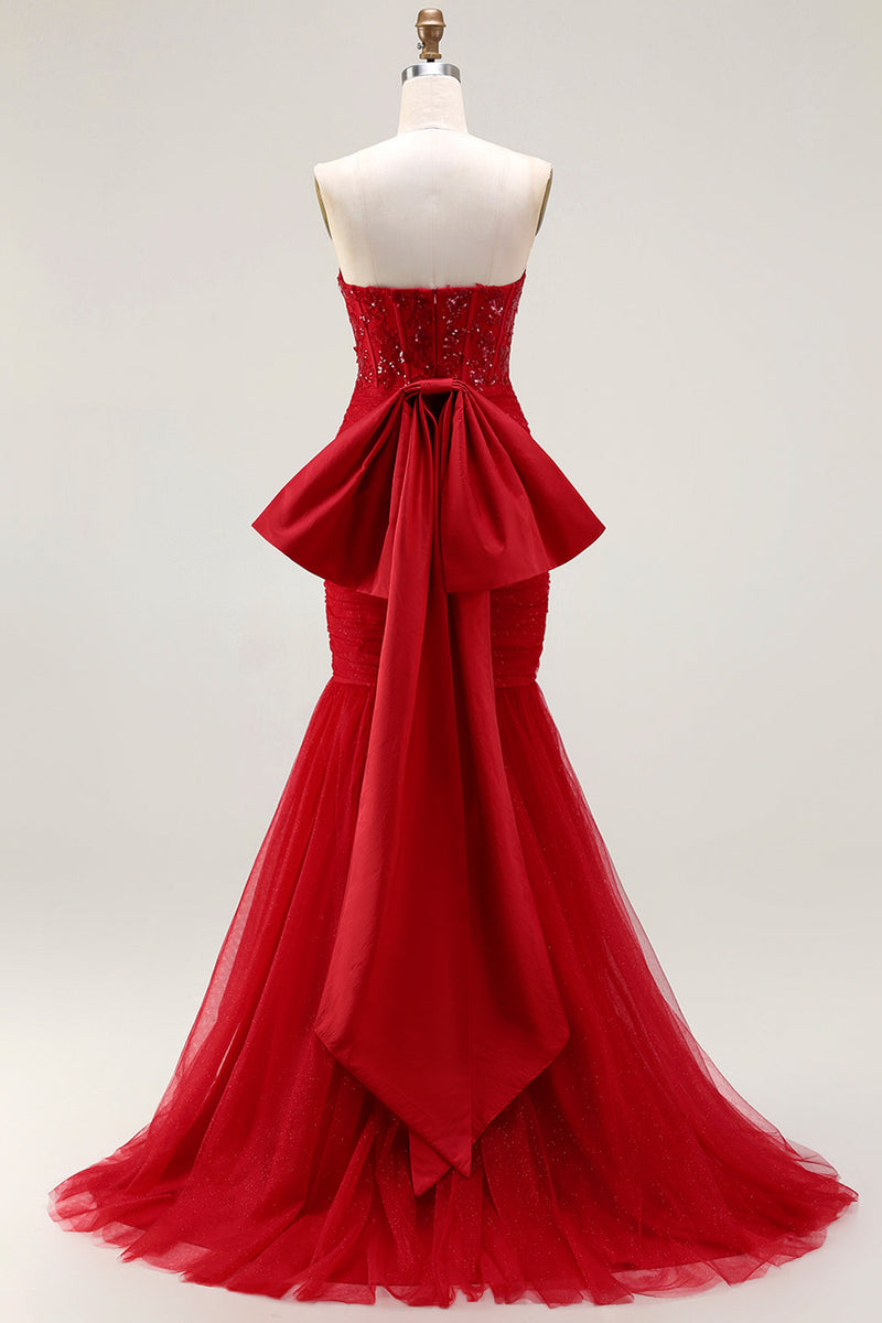 Load image into Gallery viewer, Sparkly Red Tulle Mermaid Long Corset Prom Dress with Bow