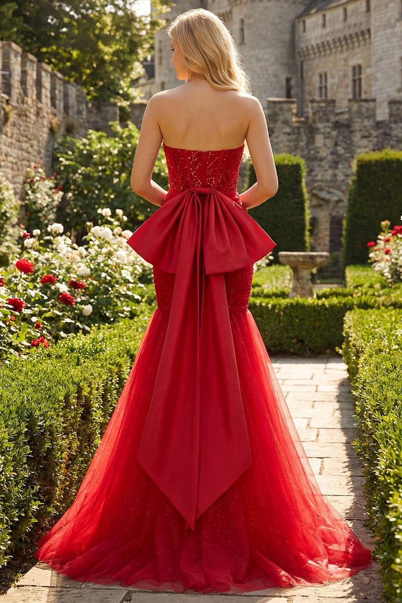 Load image into Gallery viewer, Sparkly Red Tulle Mermaid Long Corset Prom Dress with Bow