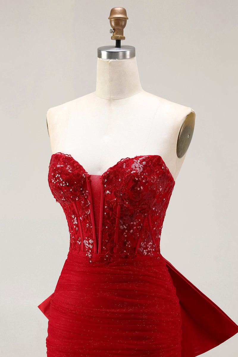 Load image into Gallery viewer, Sparkly Red Tulle Mermaid Long Corset Prom Dress with Bow