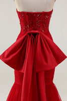 Load image into Gallery viewer, Sparkly Red Tulle Mermaid Long Corset Prom Dress with Bow