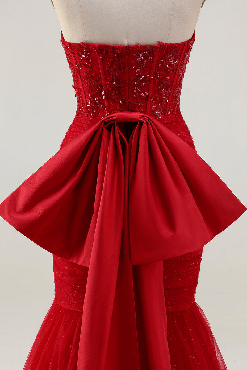 Load image into Gallery viewer, Sparkly Red Tulle Mermaid Long Corset Prom Dress with Bow