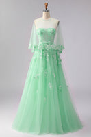 Load image into Gallery viewer, Floral A Line Green Tulle Long Corset Prom Dress with Cape