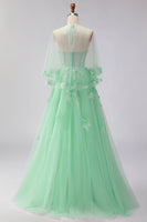 Load image into Gallery viewer, Floral A Line Green Tulle Long Corset Prom Dress with Cape