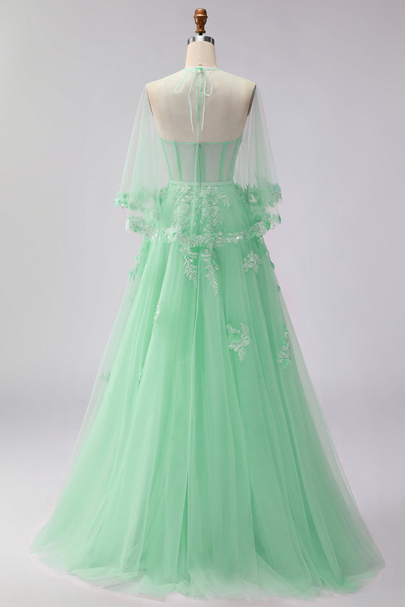 Load image into Gallery viewer, Floral A Line Green Tulle Long Corset Prom Dress with Cape