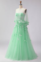 Load image into Gallery viewer, Floral A Line Green Tulle Long Corset Prom Dress with Cape