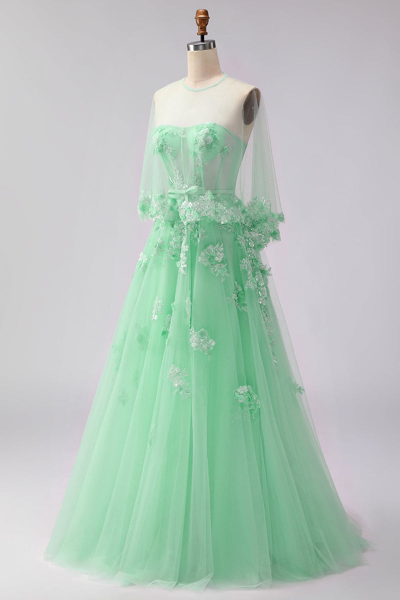 Load image into Gallery viewer, Floral A Line Green Tulle Long Corset Prom Dress with Cape