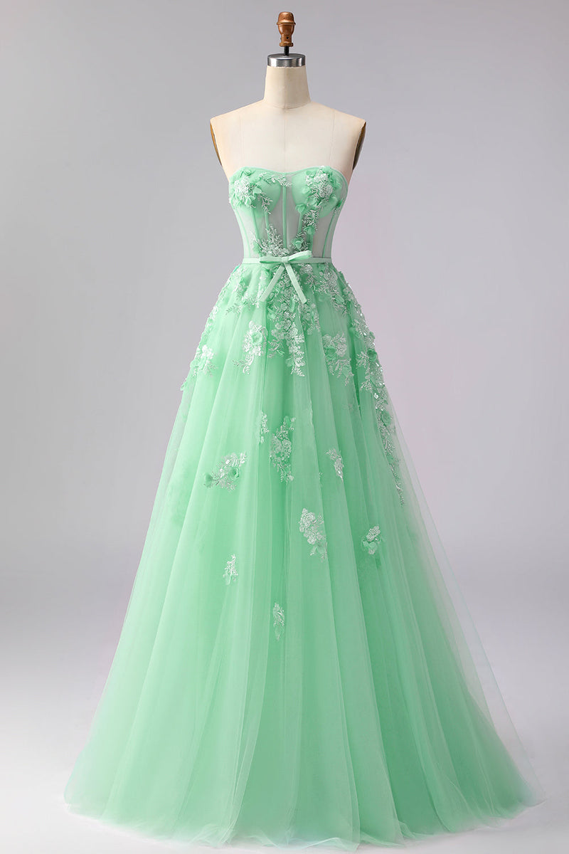 Load image into Gallery viewer, Floral A Line Green Tulle Long Corset Prom Dress with Cape
