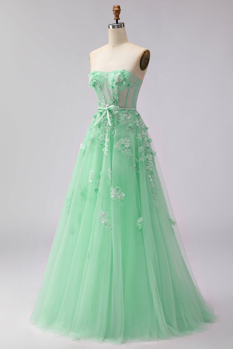 Load image into Gallery viewer, Floral A Line Green Tulle Long Corset Prom Dress with Cape