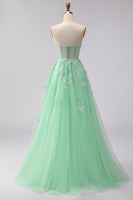 Load image into Gallery viewer, Floral A Line Green Tulle Long Corset Prom Dress with Cape
