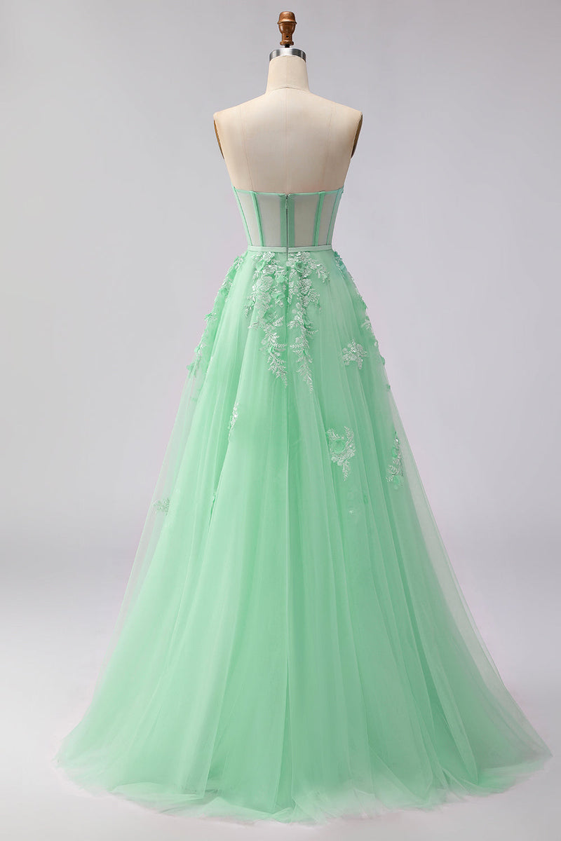Load image into Gallery viewer, Floral A Line Green Tulle Long Corset Prom Dress with Cape
