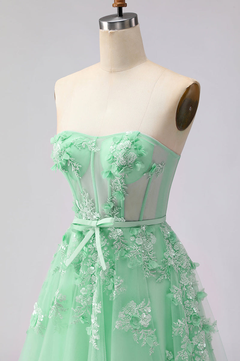 Load image into Gallery viewer, Floral A Line Green Tulle Long Corset Prom Dress with Cape