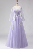 Load image into Gallery viewer, Sparkly Floral A Line Lilac Tulle Long Appliqued Corset Prom Dress with Sleeves