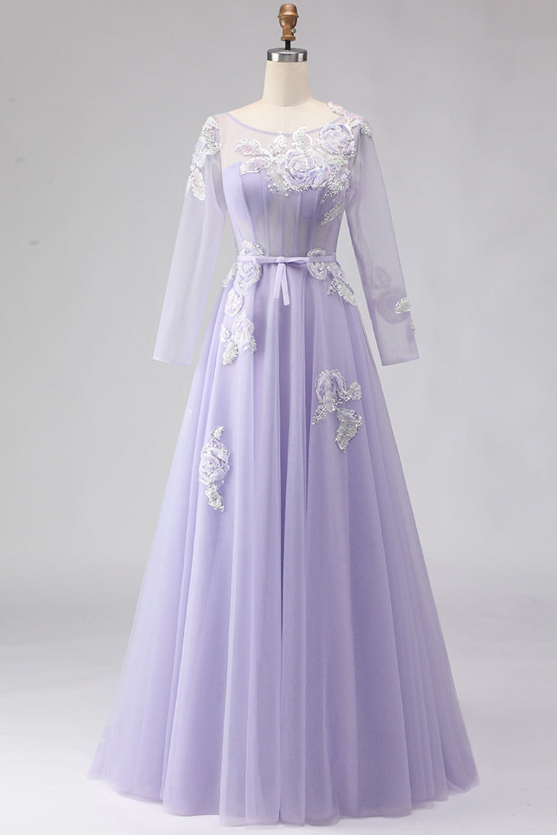 Load image into Gallery viewer, Sparkly Floral A Line Lilac Tulle Long Appliqued Corset Prom Dress with Sleeves