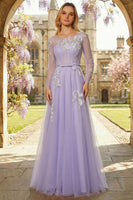 Load image into Gallery viewer, Sparkly Floral Corset A Line Lilac Tulle Long Appliqued Prom Dress with Sleeves