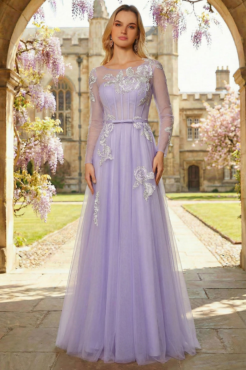 Load image into Gallery viewer, Sparkly Floral Corset A Line Lilac Tulle Long Appliqued Prom Dress with Sleeves