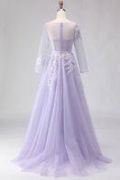 Load image into Gallery viewer, Sparkly Floral A Line Lilac Tulle Long Appliqued Corset Prom Dress with Sleeves