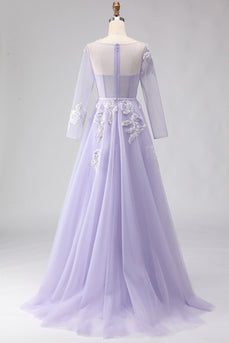 Sparkly Floral A Line Lilac Tulle Long Appliqued Corset Prom Dress with Sleeves